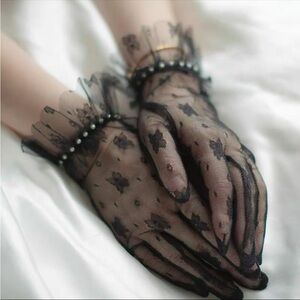 NWT Black lace wrist length ruffle gloves with pearl embellishments